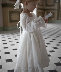 Kids Puff Sleeve White Dress Girls Cotton Linen Lolita Princess Dresses for Birthday Evening Party Clothes 2 4 6 8 Years Old