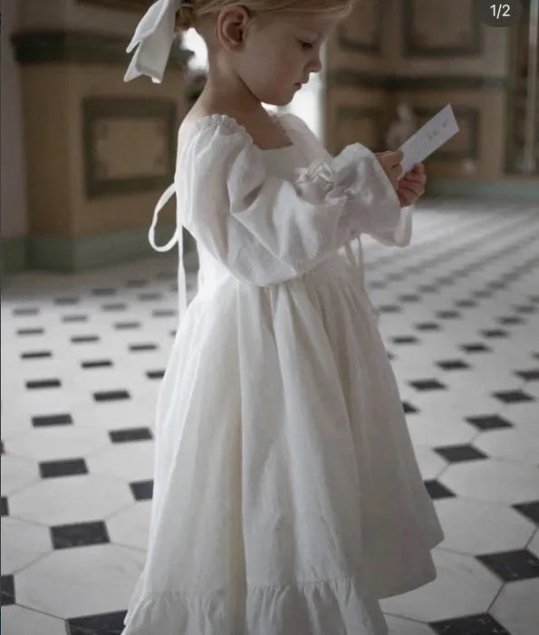 Kids Puff Sleeve White Dress Girls Cotton Linen Lolita Princess Dresses for Birthday Evening Party Clothes 2 4 6 8 Years Old