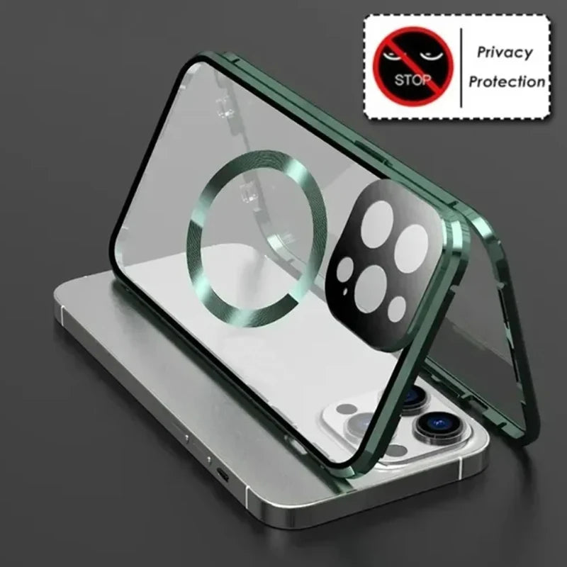 Metal Magnetic Anti Peeping Privacy Case For iPhone 17 16e 15 14 13 12Pro Max Magsafe Case 360 Protection Shockproof Phone Cover