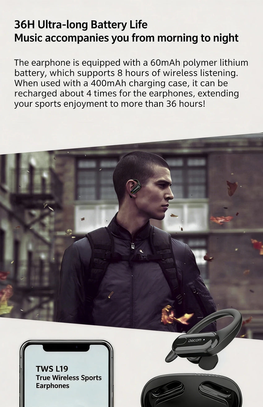 DACOM L19 Wireless Headphones Bluetooth 5.3 Earphones True with Mic Button Control Noise Reduction Earhooks Waterproof Headset