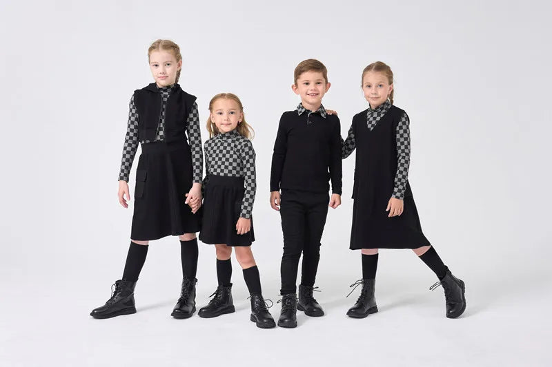 AP check cotton collection kids girls boys fall winter pockets jumper dress skirt family matching clothes casual plaid clothing