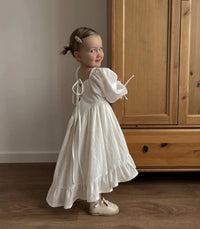 Kids Puff Sleeve White Dress Girls Cotton Linen Lolita Princess Dresses for Birthday Evening Party Clothes 2 4 6 8 Years Old