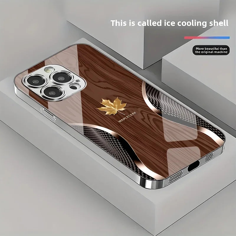 High-end business style curved gold maple wood grain glass phone case for iPhone17 16 15 14 13 12 11Promax Plus