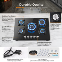 5 Burners 70 cm Glass with Automatic Flame Protection, Natural Gas Propane Gas, Built-in Gas Hob