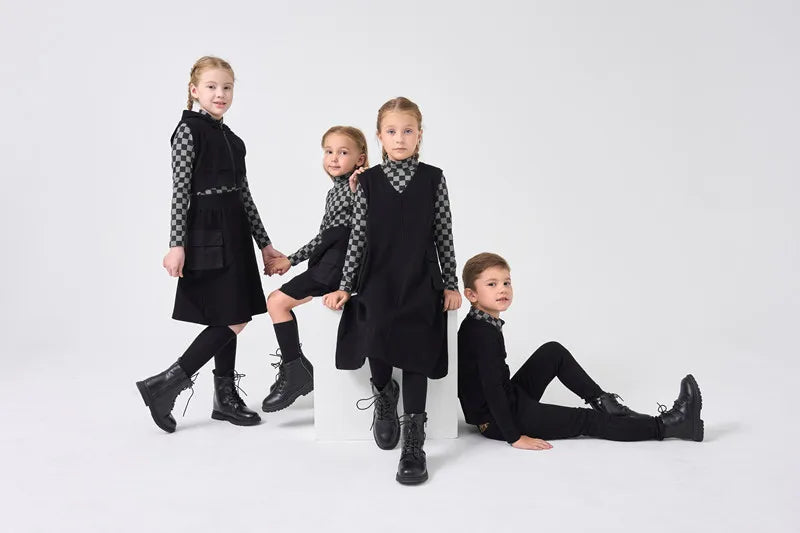 AP check cotton collection kids girls boys fall winter pockets jumper dress skirt family matching clothes casual plaid clothing