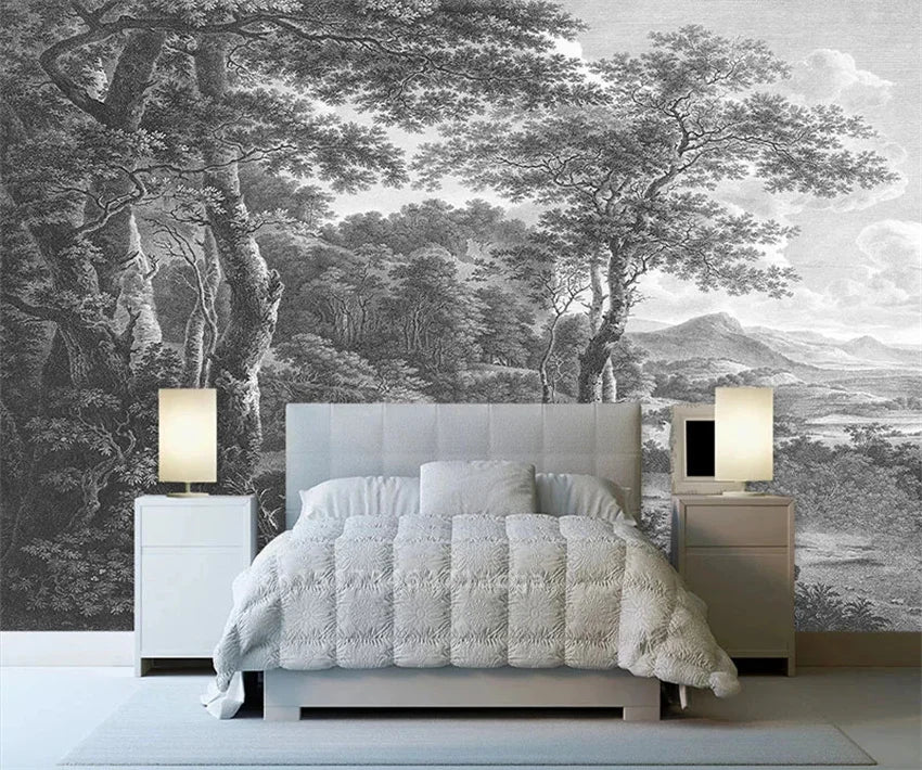 Custom Size wall papers 3D Nordic art black and white landscape waterfall porch mural Retro Hand Painted Forest Tree home decor