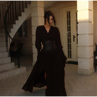 Elegant Retro Solid Color Women's Dresses Fashion V Neck Split Long Dresses Autumn New Women's Party Long Sleeved A-line Dress