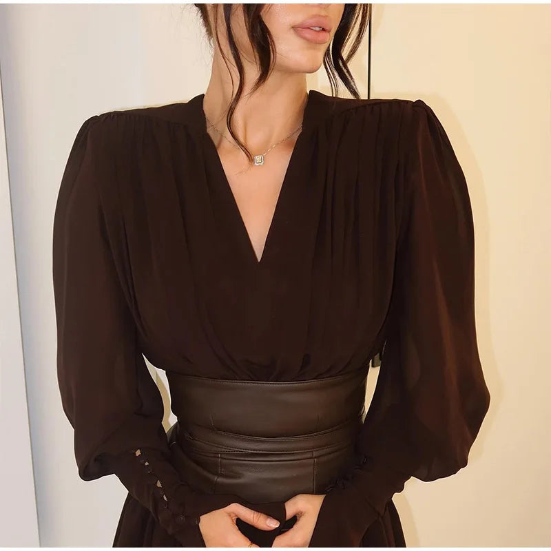 Elegant Retro Solid Color Women's Dresses Fashion V Neck Split Long Dresses Autumn New Women's Party Long Sleeved A-line Dress