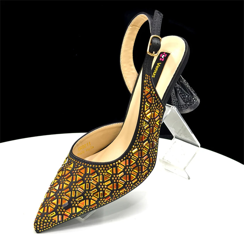 2026 New Elegant Green Pointed-Toe High Heels & Matching Bag Set with Diamond Design for Women's Party Wear - Italian Trend