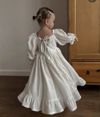 Kids Puff Sleeve White Dress Girls Cotton Linen Lolita Princess Dresses for Birthday Evening Party Clothes 2 4 6 8 Years Old