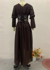 Elegant Retro Solid Color Women's Dresses Fashion V Neck Split Long Dresses Autumn New Women's Party Long Sleeved A-line Dress