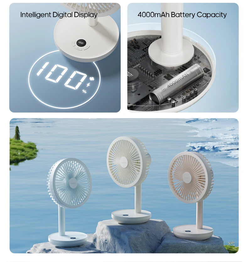 New Portable Smart Oscillating Desk Fan 4000mAh 5 Gear Speed Silent Desktop Rechargeable Fan Angle Adjustable for Home Office