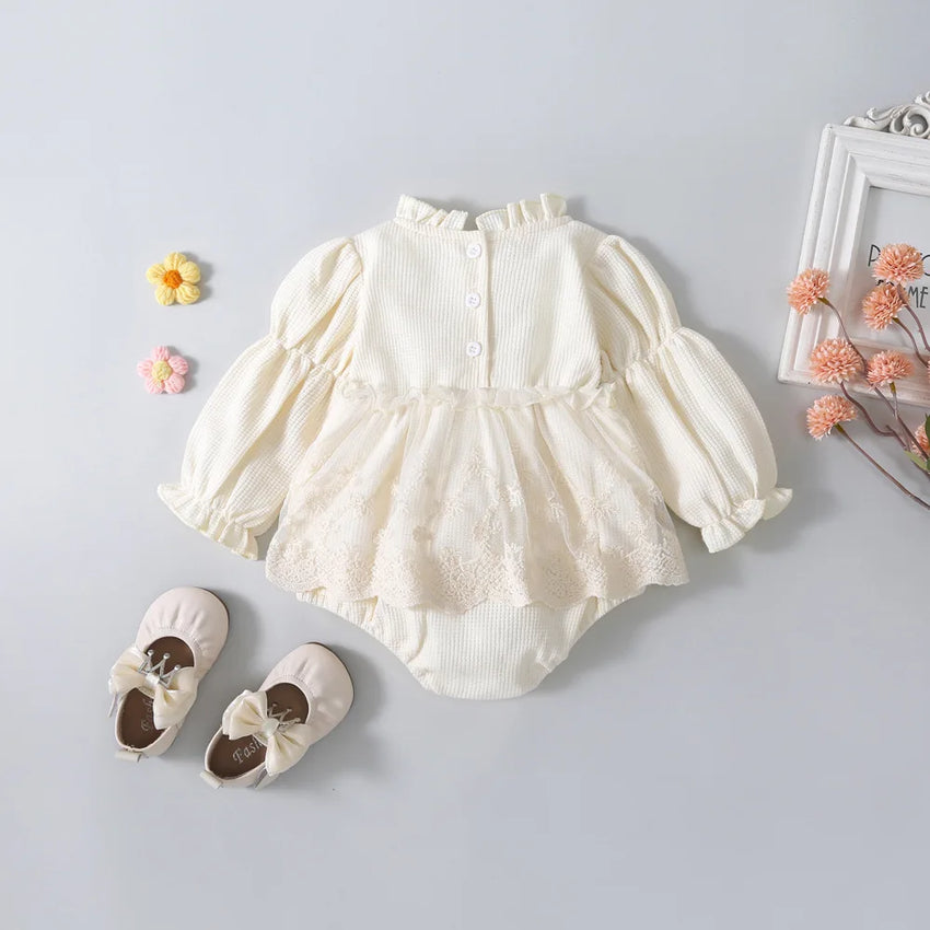 Spring Summer Solid Princess Baby Girl Tutu Skirt Style Bodysuit Toddler Infant Waffle One Piece Lace Party Outfit Play Suit