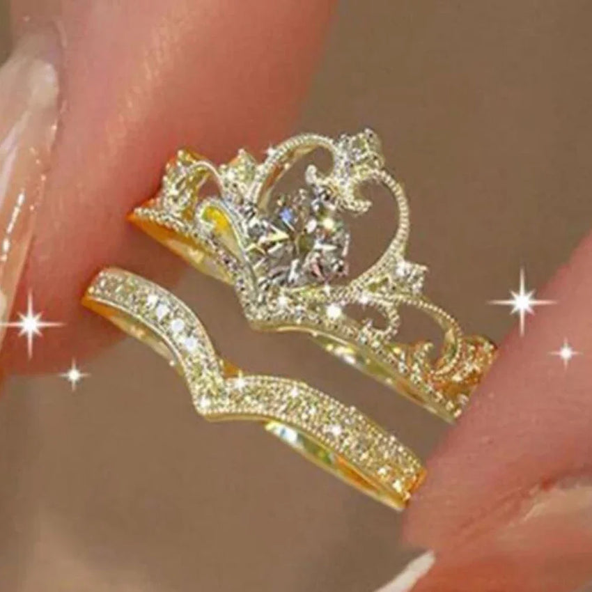 2PCS Fairy Sparkling Crown Rings for Women & Teens, Adjustable Crystal Korean Party Queen Ring Set