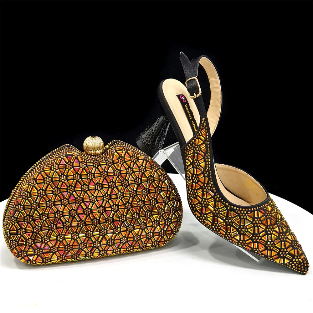 2026 New Elegant Green Pointed-Toe High Heels & Matching Bag Set with Diamond Design for Women's Party Wear - Italian Trend