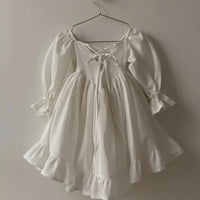 Kids Puff Sleeve White Dress Girls Cotton Linen Lolita Princess Dresses for Birthday Evening Party Clothes 2 4 6 8 Years Old