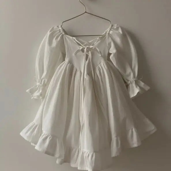 Kids Puff Sleeve White Dress Girls Cotton Linen Lolita Princess Dresses for Birthday Evening Party Clothes 2 4 6 8 Years Old