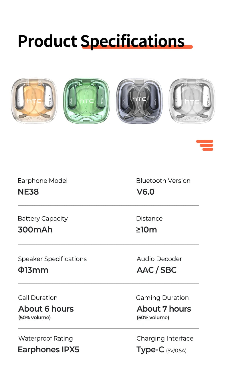 HTC Wireless Bluetooth Headset AI translation portable low latency USB-C clear sound comfortable fit anti-loss for music sports