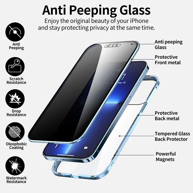 360°Full Protection Metal Magnetic Double-Sided Glass Snap Lock Anti Peeping Phone Case For iPhone 15 14 13 12 16 Pro Max Cover