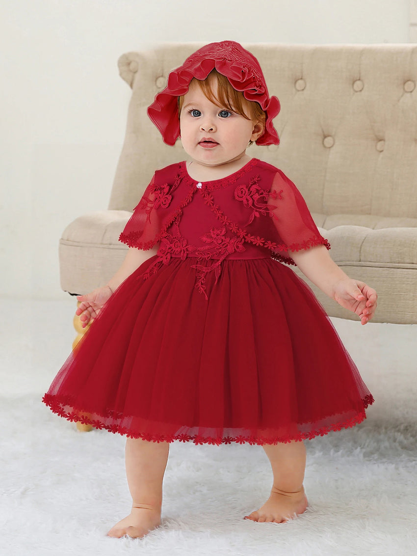 Sleeveless Hood Cloak Soft Satin Floral Embroidered Lace Wedding Party Princess Baby Dress Set