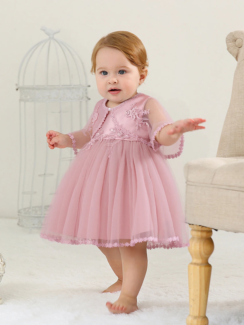 Sleeveless Hood Cloak Soft Satin Floral Embroidered Lace Wedding Party Princess Baby Dress Set