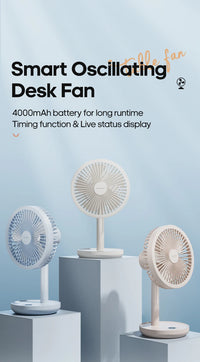 New Portable Smart Oscillating Desk Fan 4000mAh 5 Gear Speed Silent Desktop Rechargeable Fan Angle Adjustable for Home Office