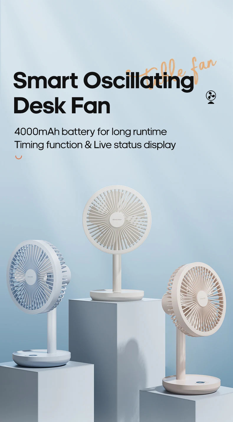 New Portable Smart Oscillating Desk Fan 4000mAh 5 Gear Speed Silent Desktop Rechargeable Fan Angle Adjustable for Home Office