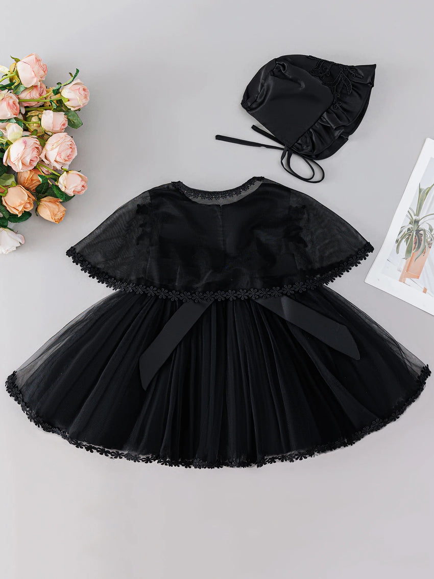 Sleeveless Hood Cloak Soft Satin Floral Embroidered Lace Wedding Party Princess Baby Dress Set