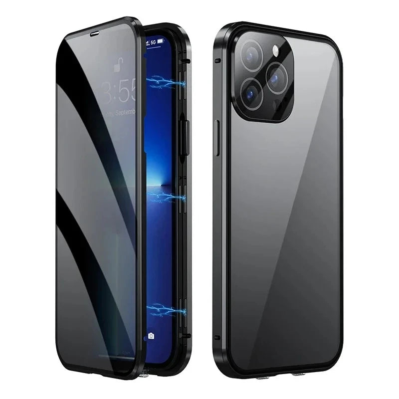 360 ° Full Protection Metal Magnetic Double-Sided Glass Snap Lock Privacy Case For iPhone 17 16 15 14 Plus 13 12 11 Pro Max 16E