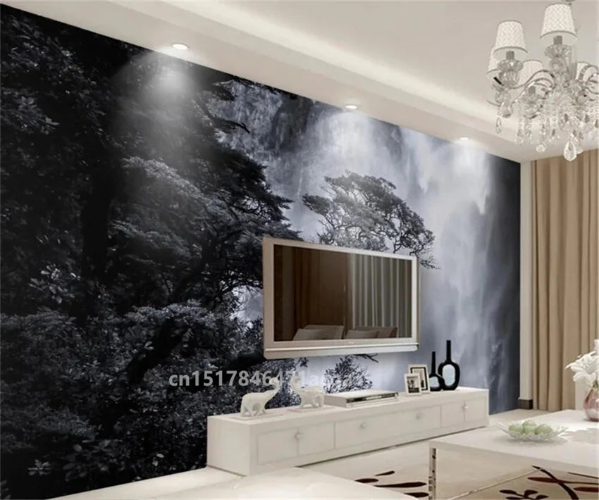 Custom Size wall papers 3D Nordic art black and white landscape waterfall porch mural Retro Hand Painted Forest Tree home decor