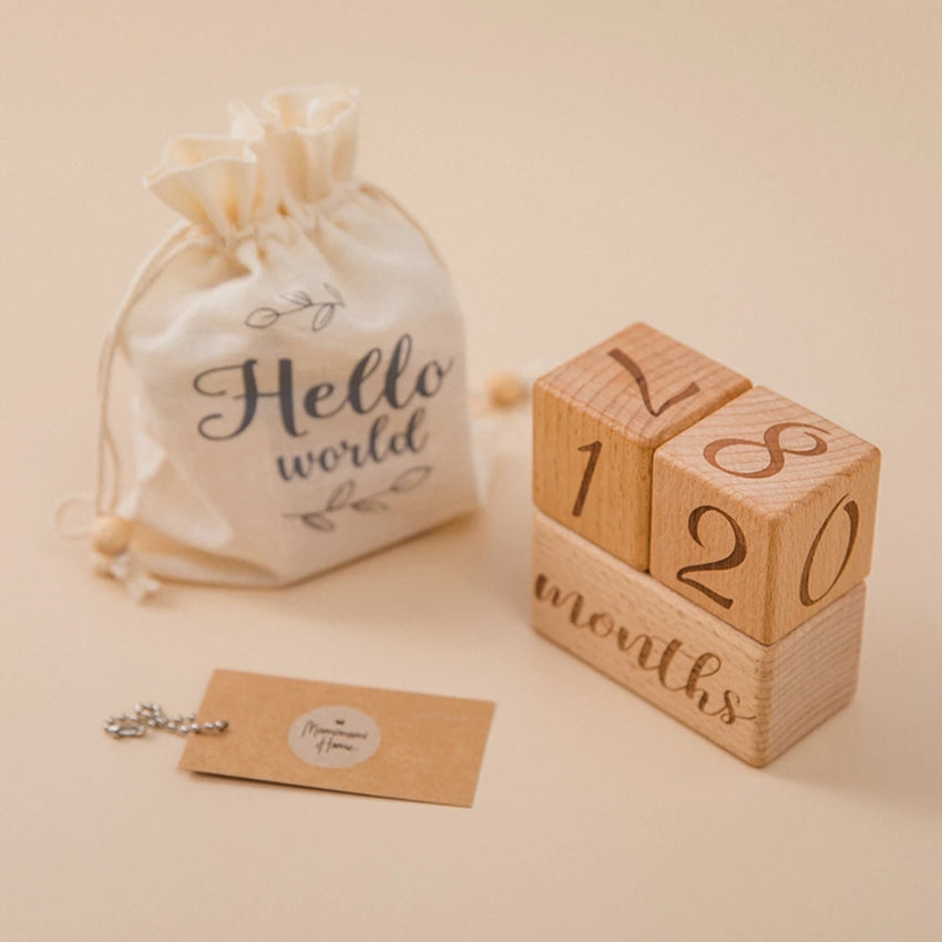 3pc/set Raw Wood Baby Month Milestone Card Beech Block Square Engraved Newborn Month Birthday Milestones Block Photography Props