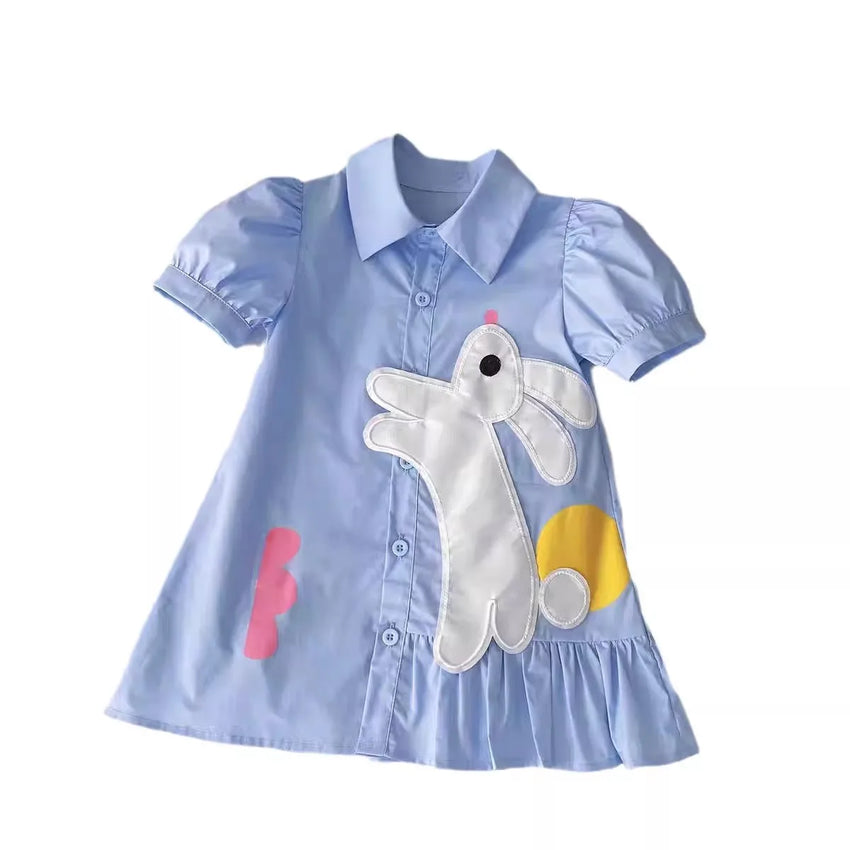 Girls' Dress Summer New Style Children's Dress Blue Sweet Shirt Dress for Little Girls Short-Sleeved Rabbit Cartoon Cute Dress