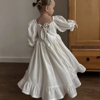 Kids Puff Sleeve White Dress Girls Cotton Linen Lolita Princess Dresses for Birthday Evening Party Clothes 2 4 6 8 Years Old