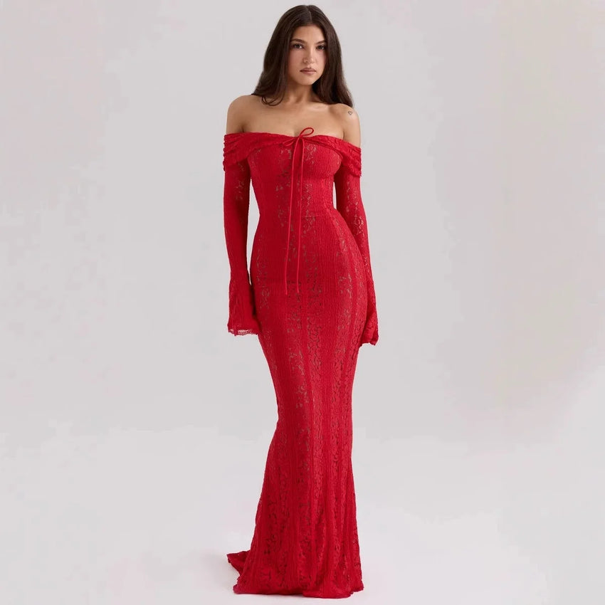 Suninheart White Evening Dresses for Events Red Long Sleeve Lace Elegant Party Dresses 2025 Women Luxury Wedding Prom Dress Gown