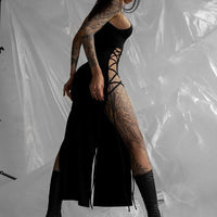 Goth Dark Cosplay High Split Sexy Bandage Women Dresses Y2K Mall Gothic Halter Slim Midi Dress Black Grunge Style Alt Partywear