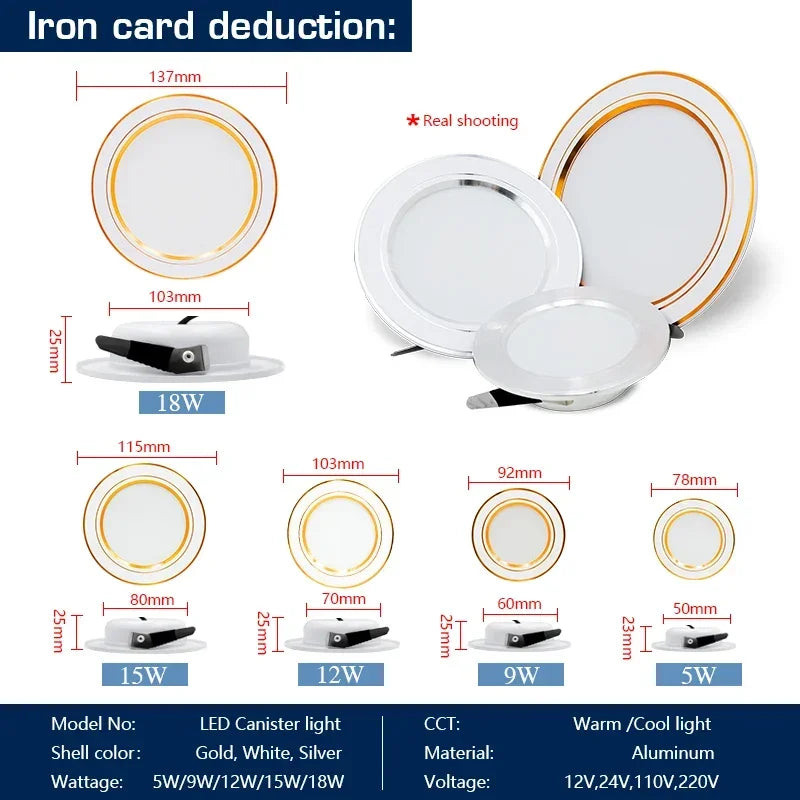 LED Downlight 12V 24V 110V 220V Spot Three Colors 5W 9W 12W 15W 18W Recessed in Led Ceiling Downlight Light Cold Warm White Lamp