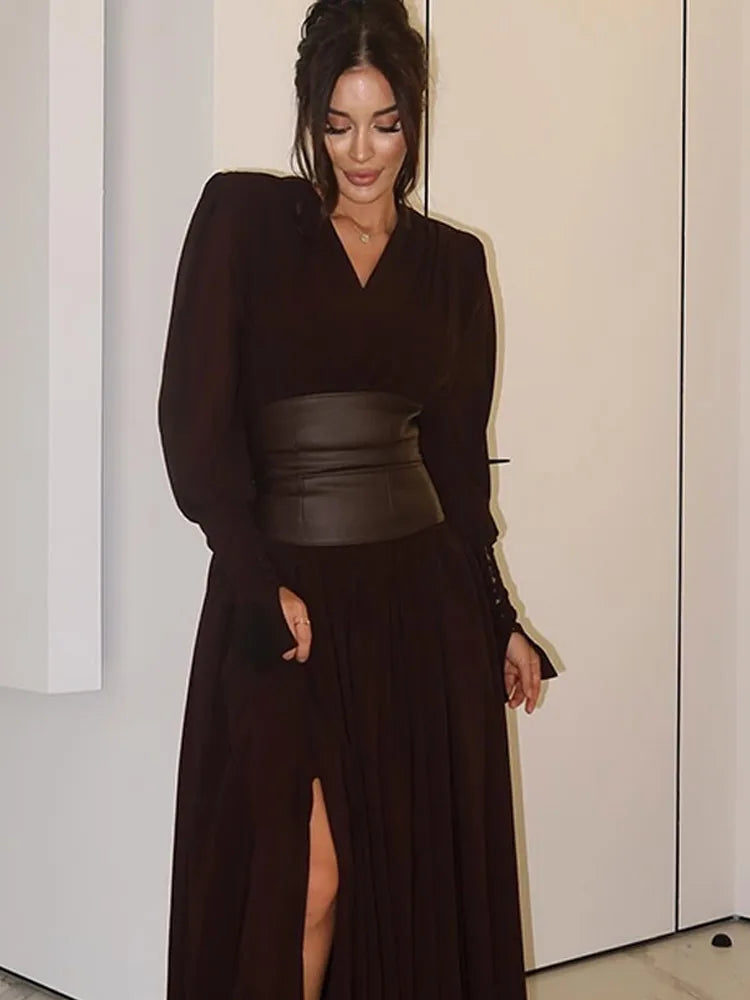 Elegant Retro Solid Color Women's Dresses Fashion V Neck Split Long Dresses Autumn New Women's Party Long Sleeved A-line Dress