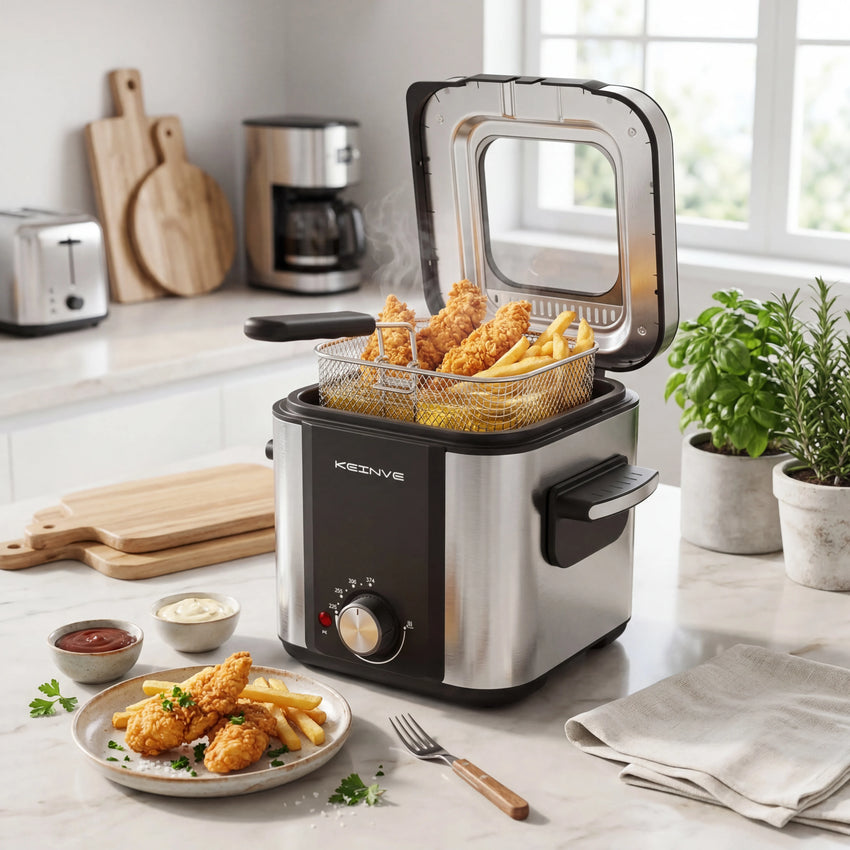 1.5L Electric Deep Fryer with Temp Control, Removable Lid With Odor Filter And Viewing Window, Immersion Frying Basket