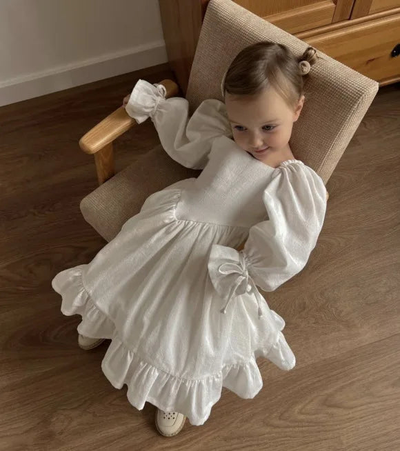Kids Puff Sleeve White Dress Girls Cotton Linen Lolita Princess Dresses for Birthday Evening Party Clothes 2 4 6 8 Years Old