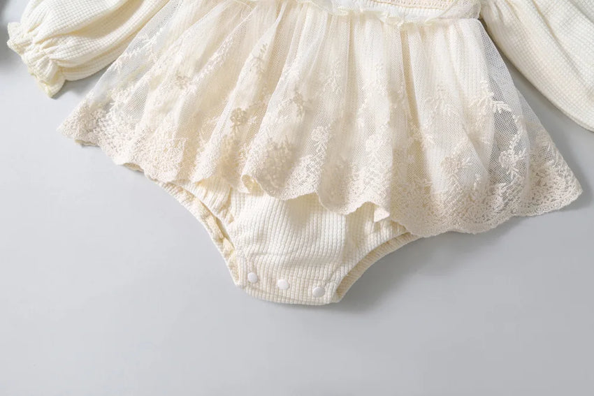 Spring Summer Solid Princess Baby Girl Tutu Skirt Style Bodysuit Toddler Infant Waffle One Piece Lace Party Outfit Play Suit