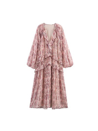 2025 Women Summer MIDI Dress Vintage Print Chiffon V-Neck Cascading Ruffle Long Sleeve Female Elegant Street Dresses Clothing