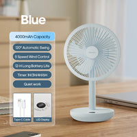 New Portable Smart Oscillating Desk Fan 4000mAh 5 Gear Speed Silent Desktop Rechargeable Fan Angle Adjustable for Home Office
