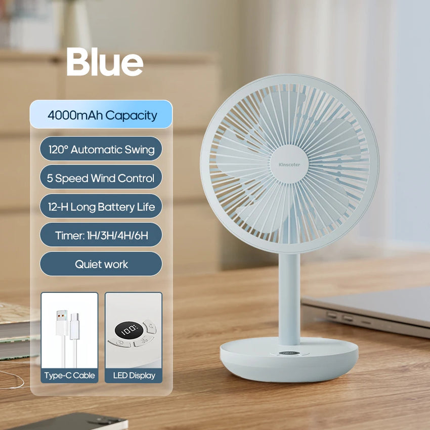 New Portable Smart Oscillating Desk Fan 4000mAh 5 Gear Speed Silent Desktop Rechargeable Fan Angle Adjustable for Home Office
