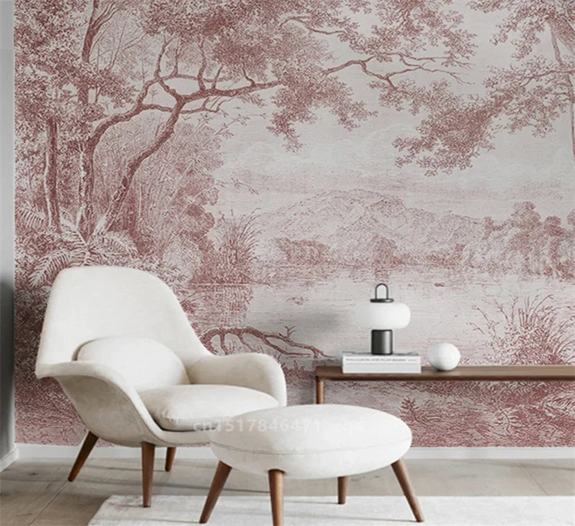 Custom Size wall papers 3D Nordic art black and white landscape waterfall porch mural Retro Hand Painted Forest Tree home decor