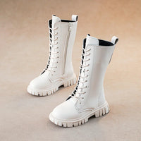 Autumn/Winter ZIP Fashion Cool Baby Girls Warm Square Heel Round Toe Casual Lace-Up Comfortable Kids Black Mid Boots