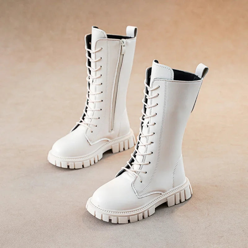 Autumn/Winter ZIP Fashion Cool Baby Girls Warm Square Heel Round Toe Casual Lace-Up Comfortable Kids Black Mid Boots
