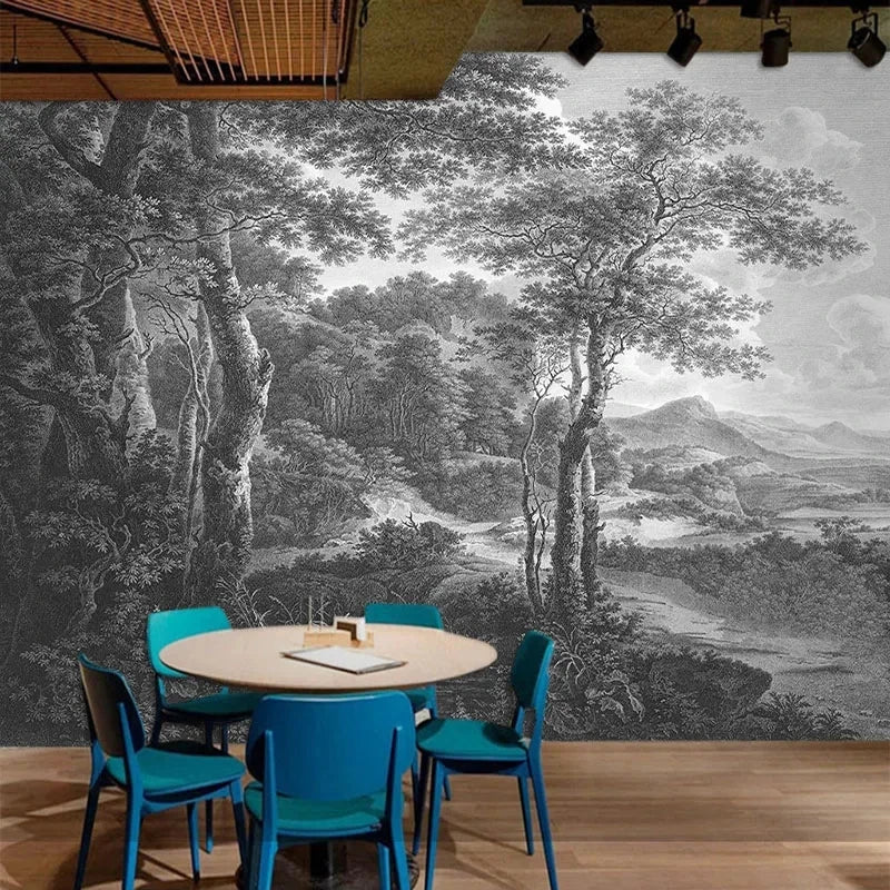 Custom Size wall papers 3D Nordic art black and white landscape waterfall porch mural Retro Hand Painted Forest Tree home decor