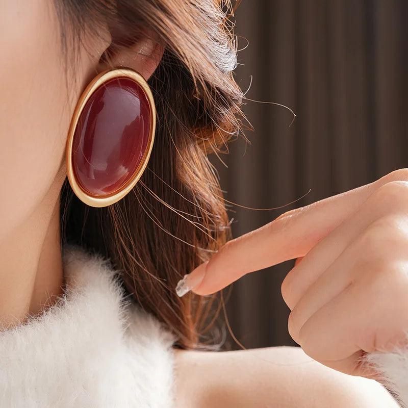 Vintage Red Resin Women's Earrings Stud Earrings Luxury large Geometric Oval earrings Party Wedding Ear Jewelry Wholesale