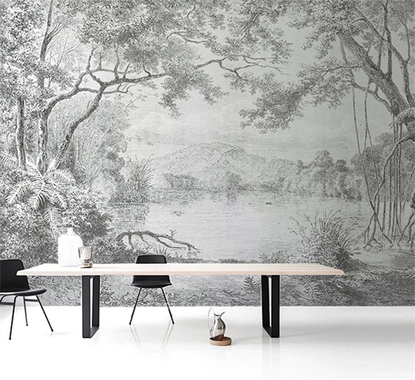 Custom Size wall papers 3D Nordic art black and white landscape waterfall porch mural Retro Hand Painted Forest Tree home decor