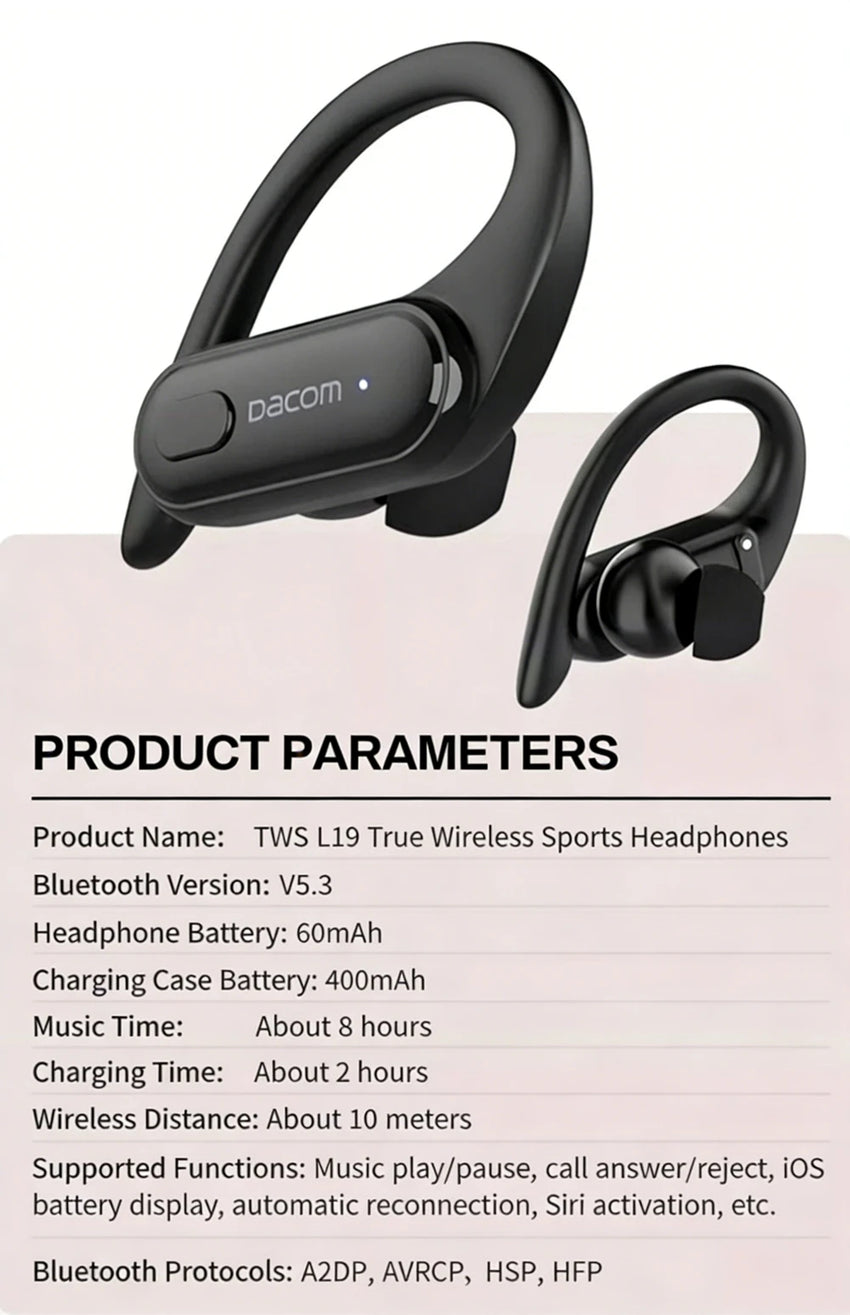 DACOM L19 Wireless Headphones Bluetooth 5.3 Earphones True with Mic Button Control Noise Reduction Earhooks Waterproof Headset